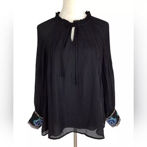 Spense Woman Black Pleated Keyhole Neck Long Sleeve Floral Embroidered Top- 3X